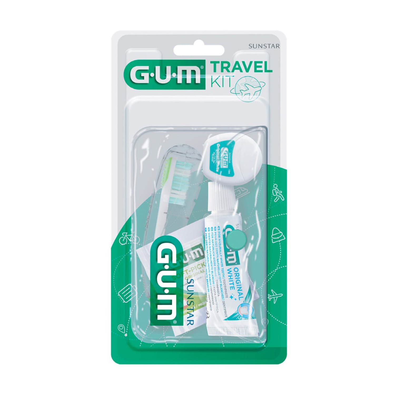 Дорожній набір для догляду за зубами GUM Travel Kit (зубна щітка, 1 шт + міжзубна щітка, 2 шт + зубна нитка, 10 м + зубна паста, 12 мл)