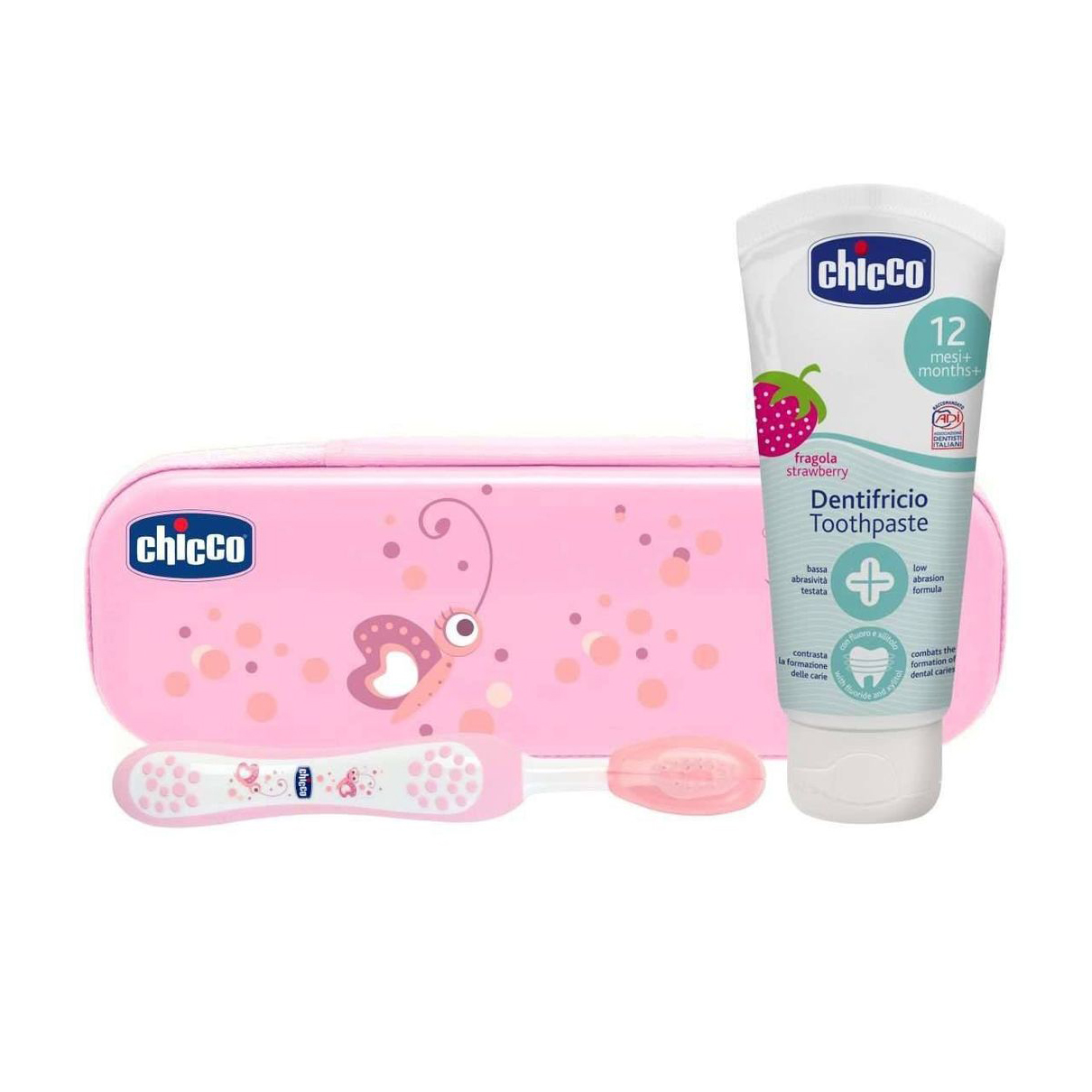 Дитячий дорожній набір Chicco рожевий (зубна щітка + зубна паста)